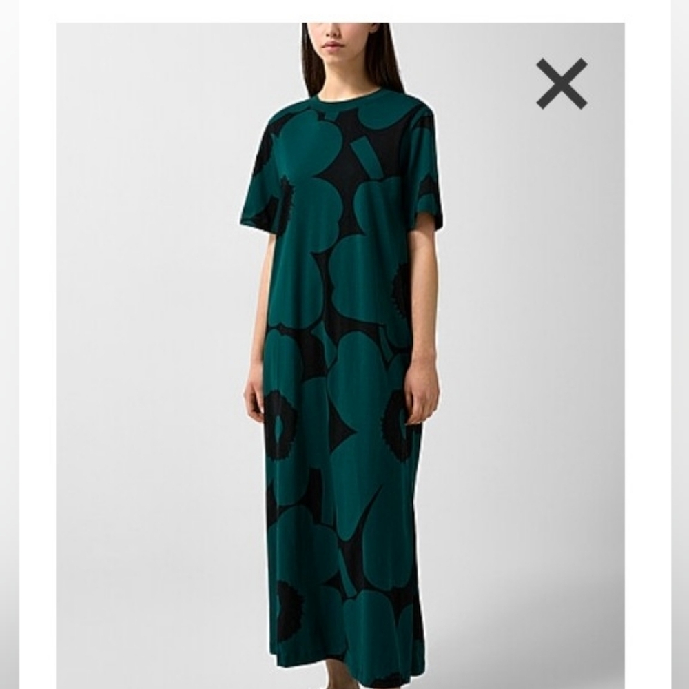 Marimekko Green and Black Floral Tshirt Maxi Dress
